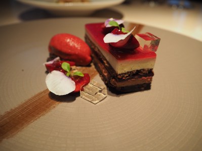 Cherry chocolate and vanilla sake mousse, cherry sorbet 