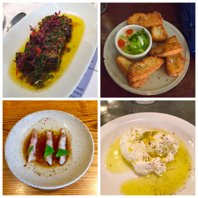 Clockwise from top left: leeks in vinaigrette (Barrafina), halloumi fries (Barbary), burrata (Padella), raw langoustine (Bao)